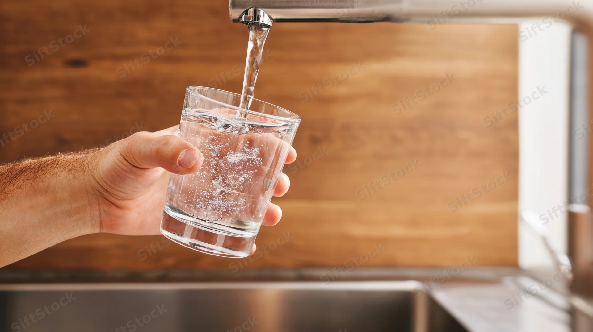 Hand holding a glass under a kitchen tap pouring water into it