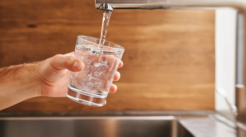 Hand holding a glass under a kitchen tap pouring water into it