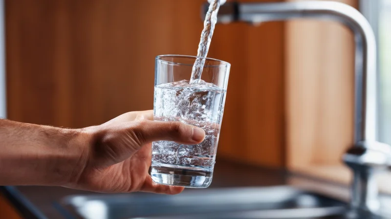Hand holding a glass under a kitchen tap as water pours into it