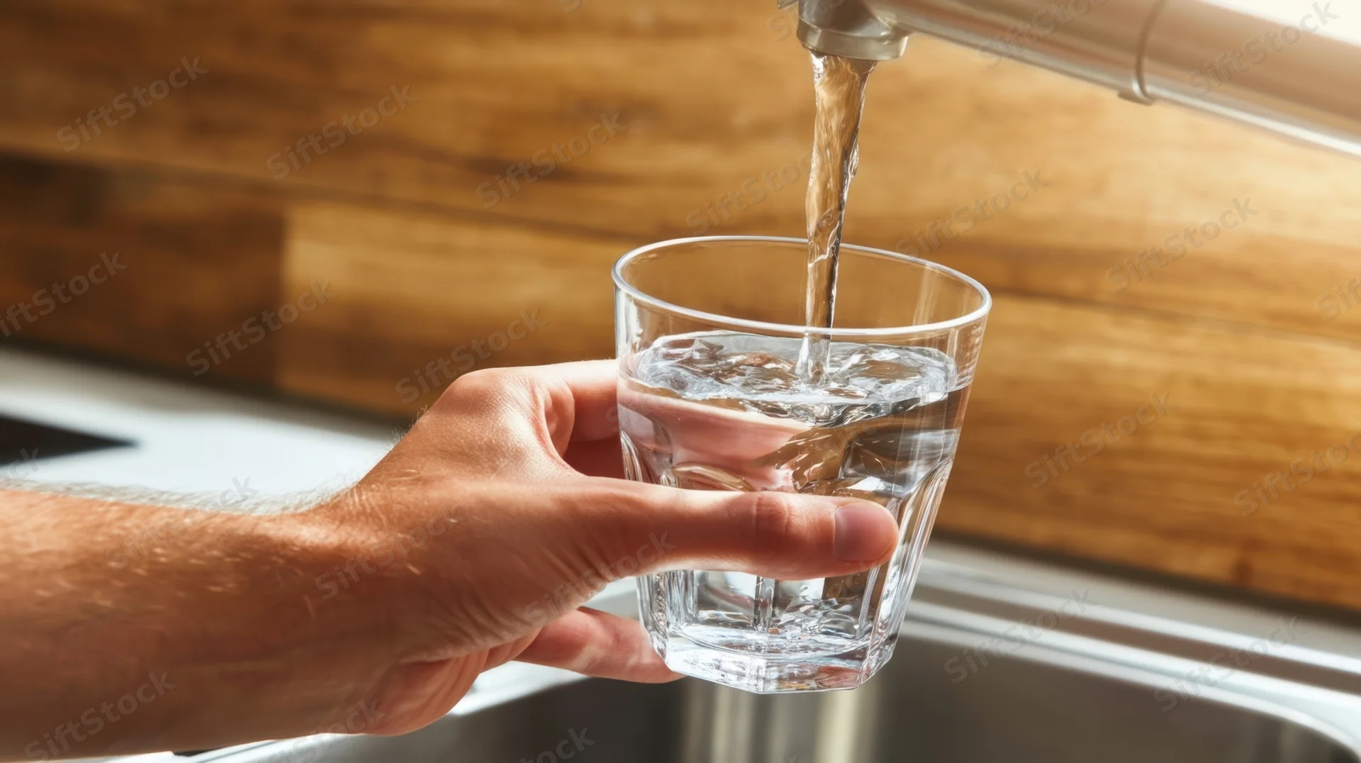 Hand holding a glass under a kitchen faucet pouring water into it