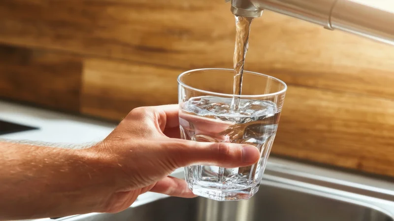 Hand holding a glass under a kitchen faucet pouring water into it