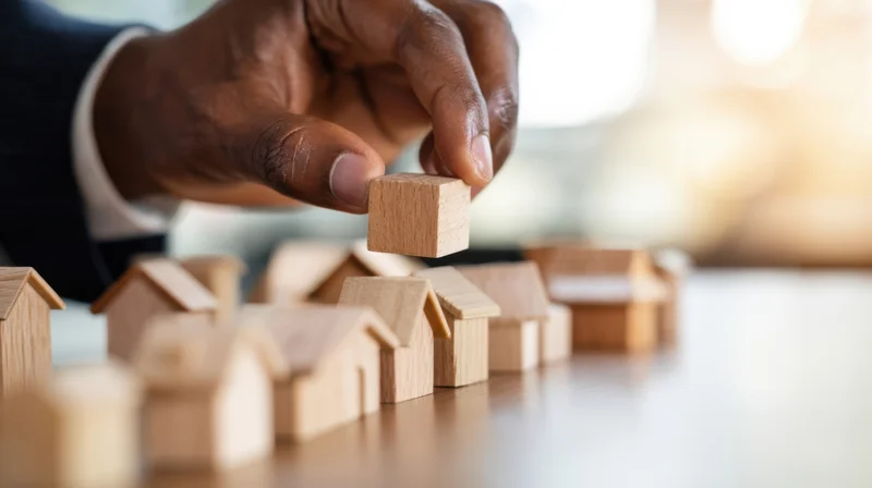 Hand placing wooden house model on desk among miniature homes