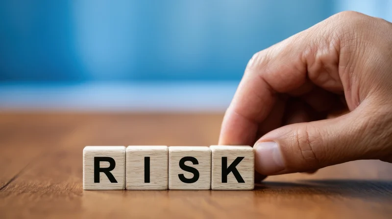 Hand placing wooden blocks spelling risk on a wooden desk
