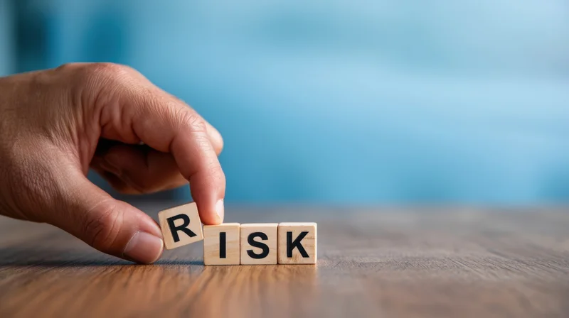 Hand placing wooden blocks spelling risk on a wooden table