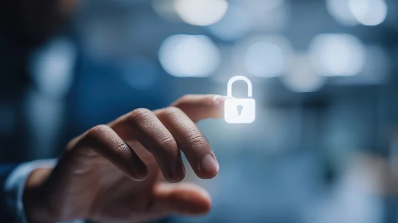 Hand touching a glowing digital lock icon on a virtual interface in a dark tech environment