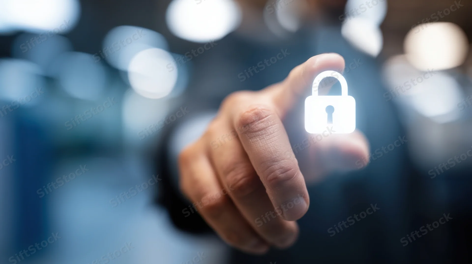 Hand pressing a glowing digital lock icon on a virtual interface