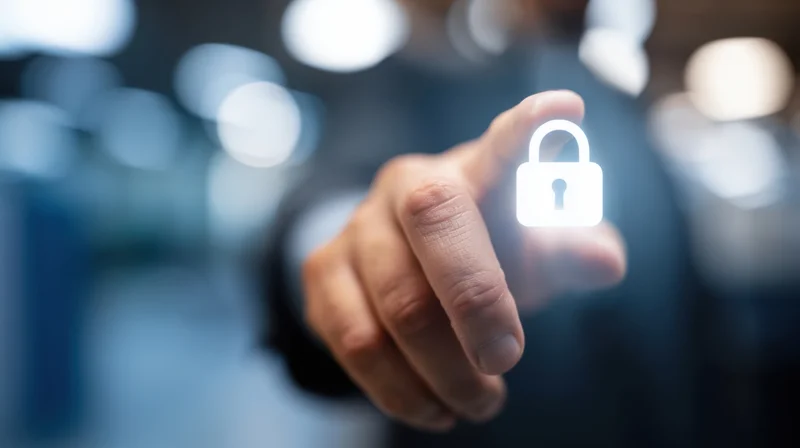 Hand pressing a glowing digital lock icon on a virtual interface