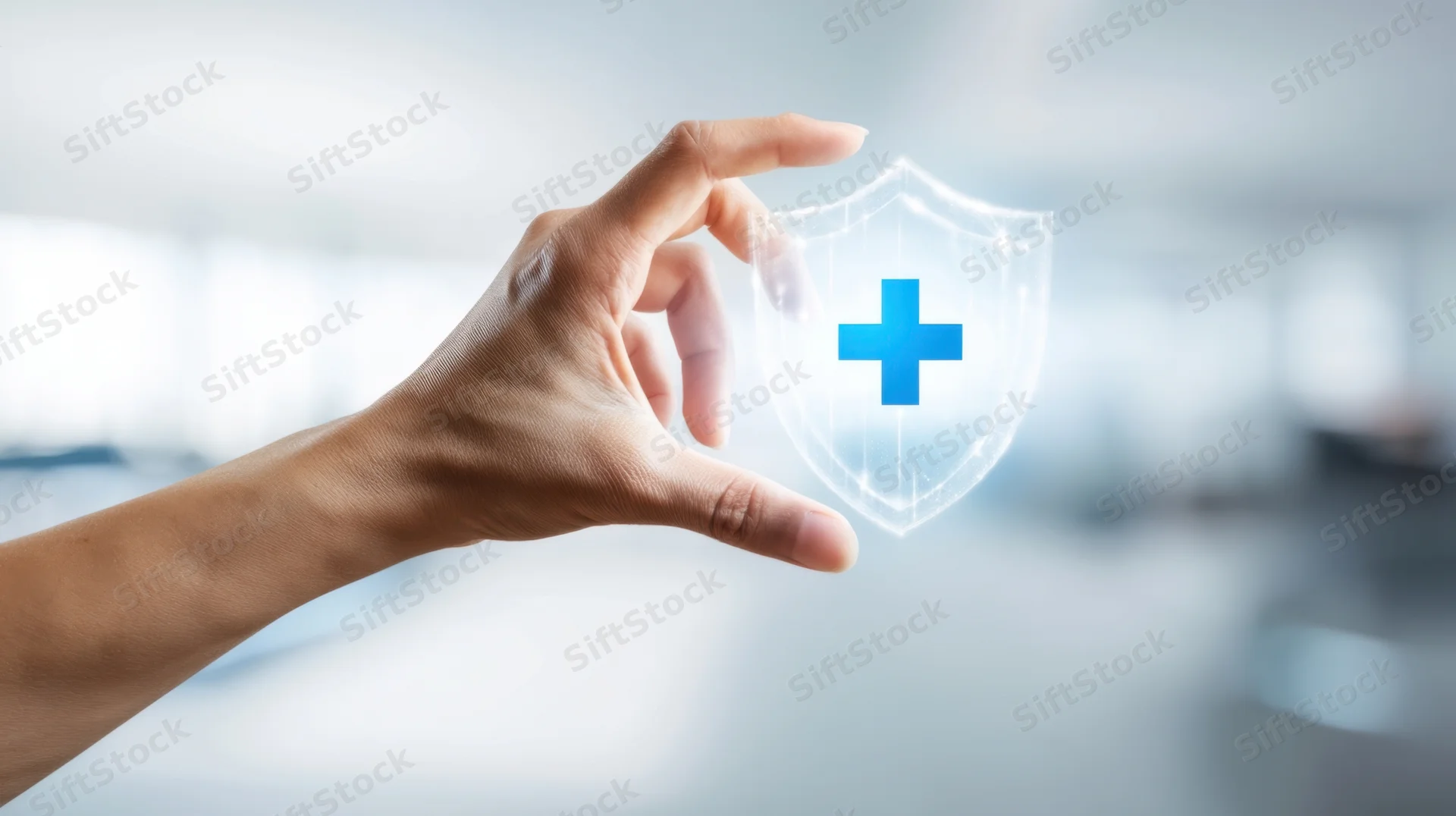 Hand holding a glowing digital shield with a blue medical cross in a bright modern space
