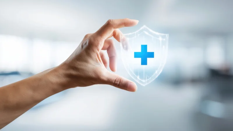 Hand holding a glowing digital shield with a blue medical cross in a bright modern space