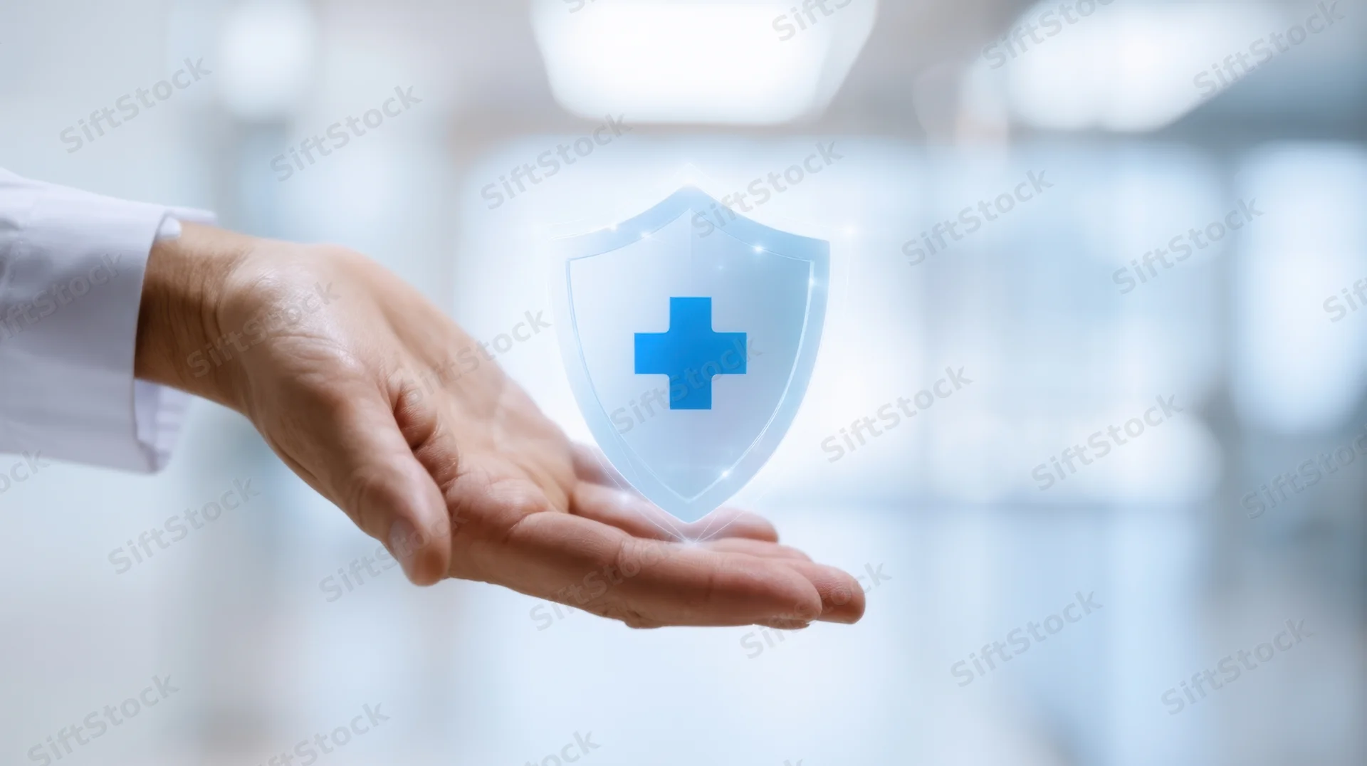 Hand holding a glowing blue medical shield hologram in a bright clinical setting