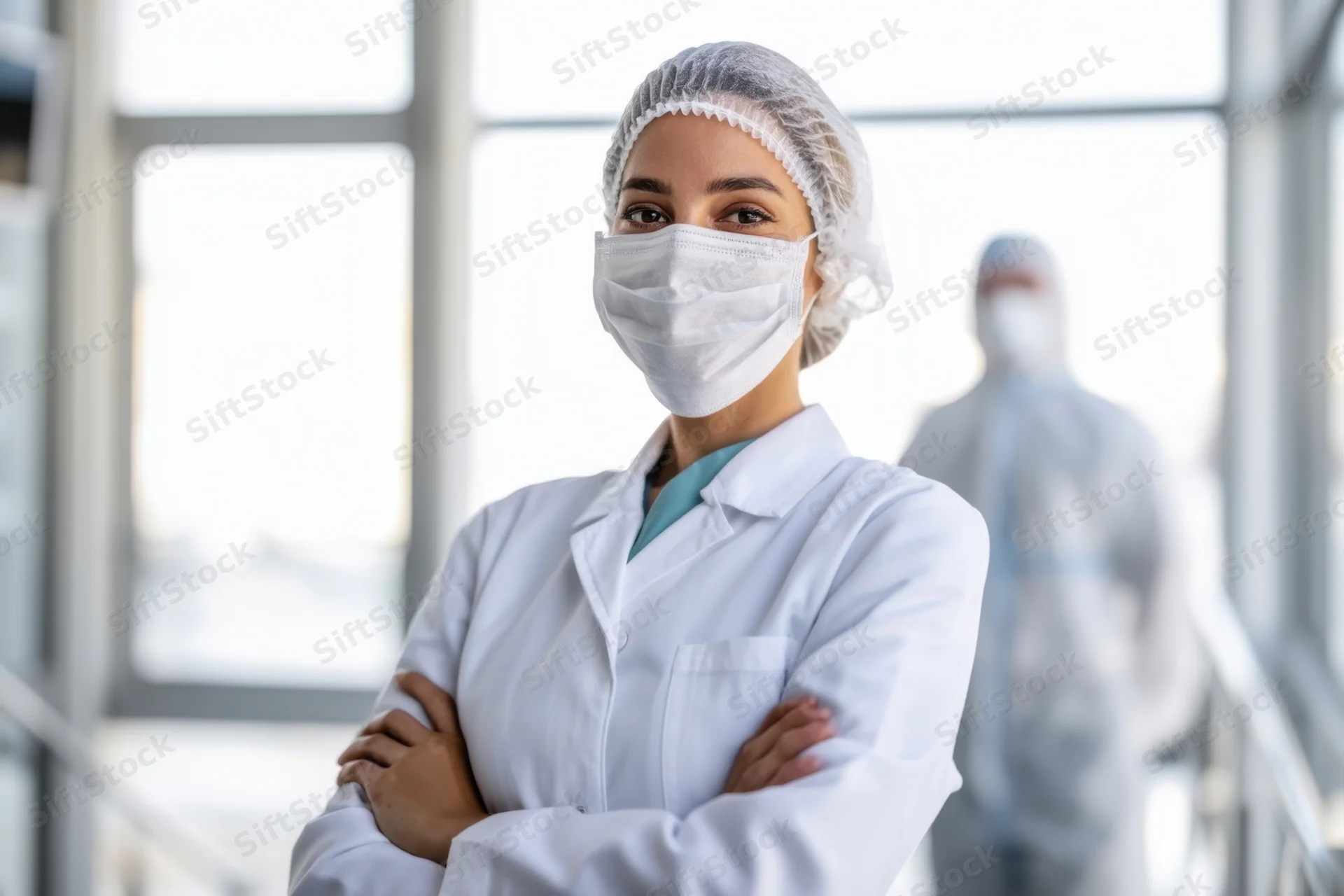 Woman in white lab coat with mask and hairnet standing confidently with arms crossed in a modern laboratory setting