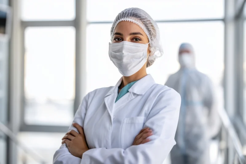 Woman in white lab coat with mask and hairnet standing confidently with arms crossed in a modern laboratory setting
