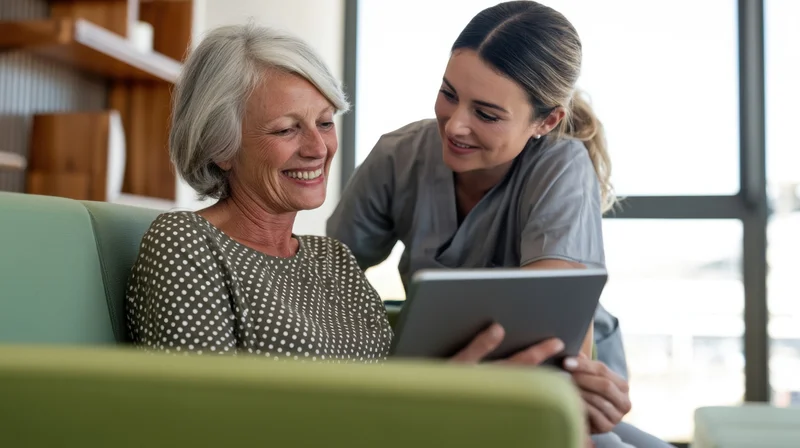 Senior woman smiling during healthcare consultation with nurse using tablet in clinic office