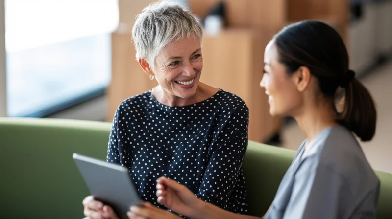 Senior woman and asian woman smiling during healthcare consultation with tablet in office setting