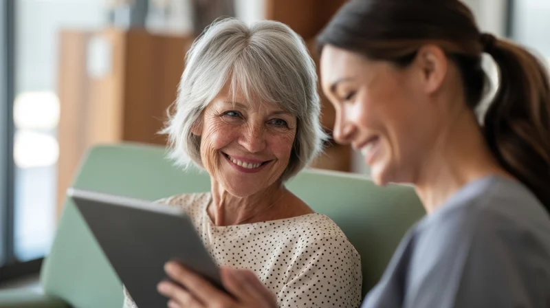 Senior woman smiling while using tablet during healthcare consultation with younger woman in clinic setting