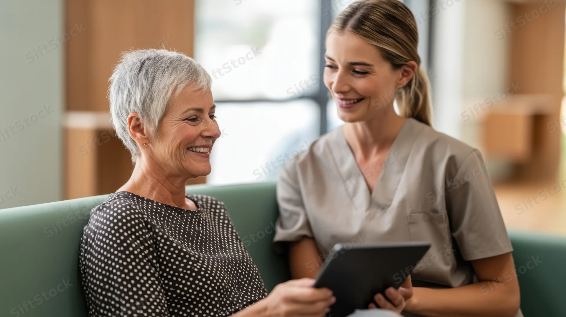 Nurse consulting with senior woman using tablet in clinic waiting area