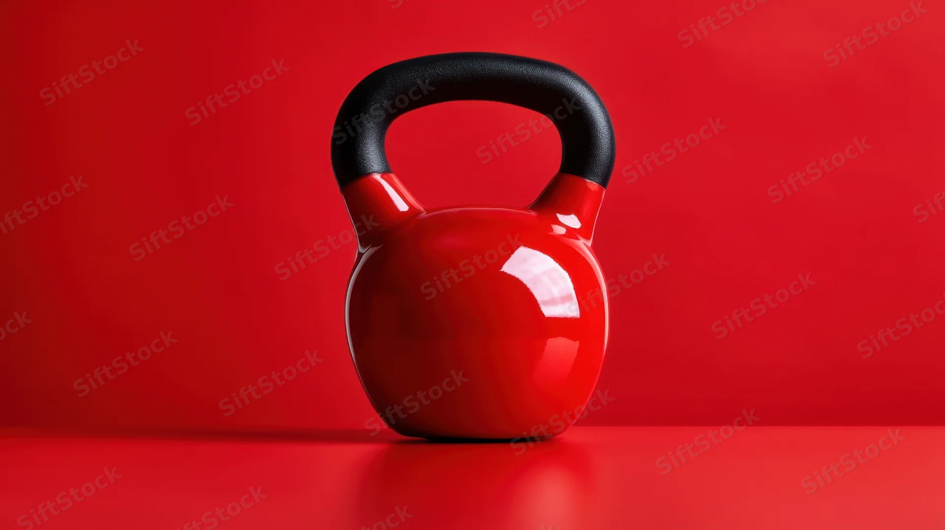 Red kettlebell with black handle on red surface