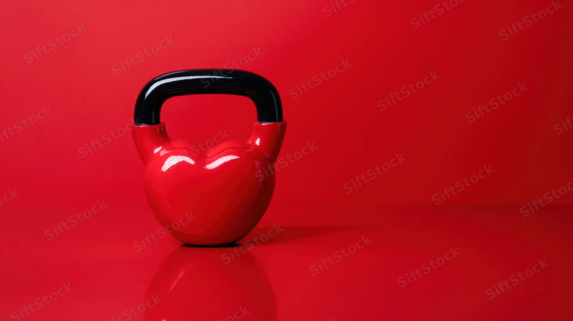 Heart-shaped kettlebell on a red reflective surface in a studio setting
