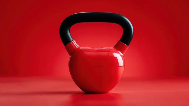 Heart-shaped kettlebell on red surface in studio setting