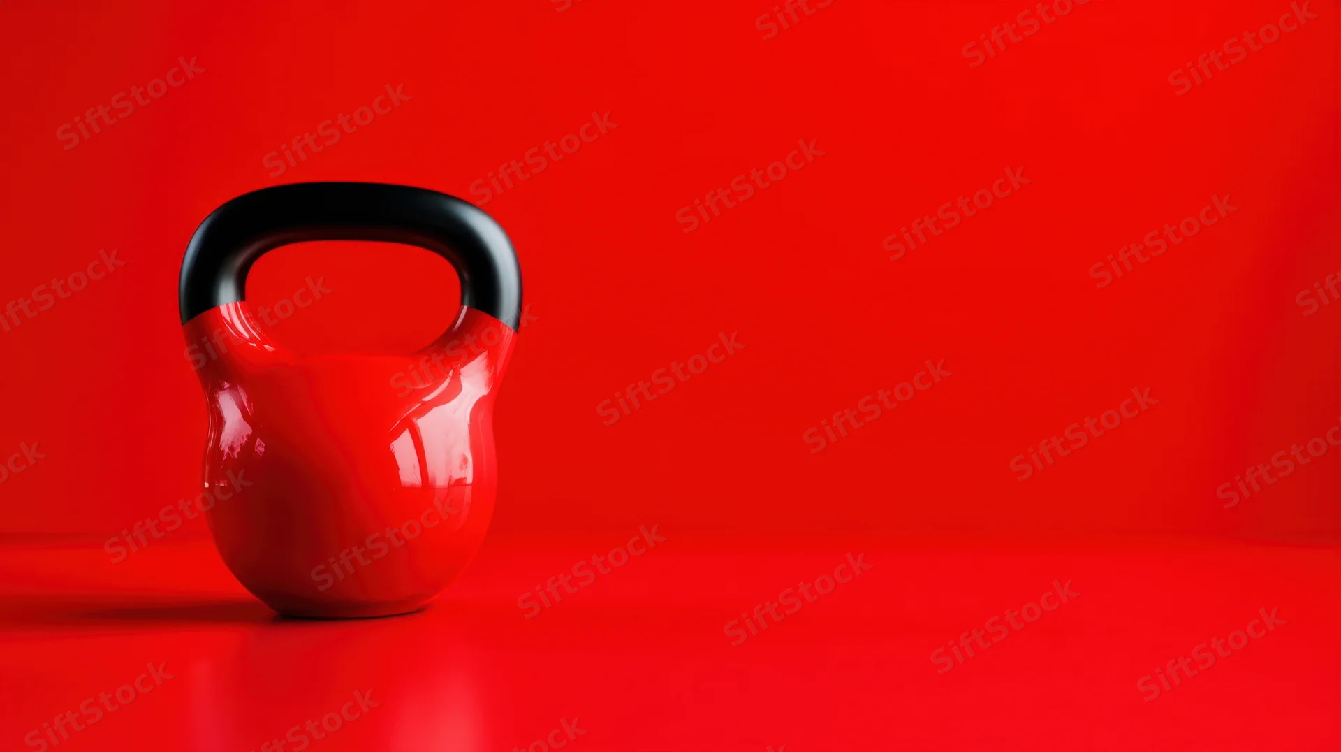 Red kettlebell with black handle on red surface against red background