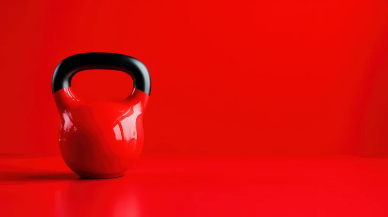 Red kettlebell with black handle on red surface against red background