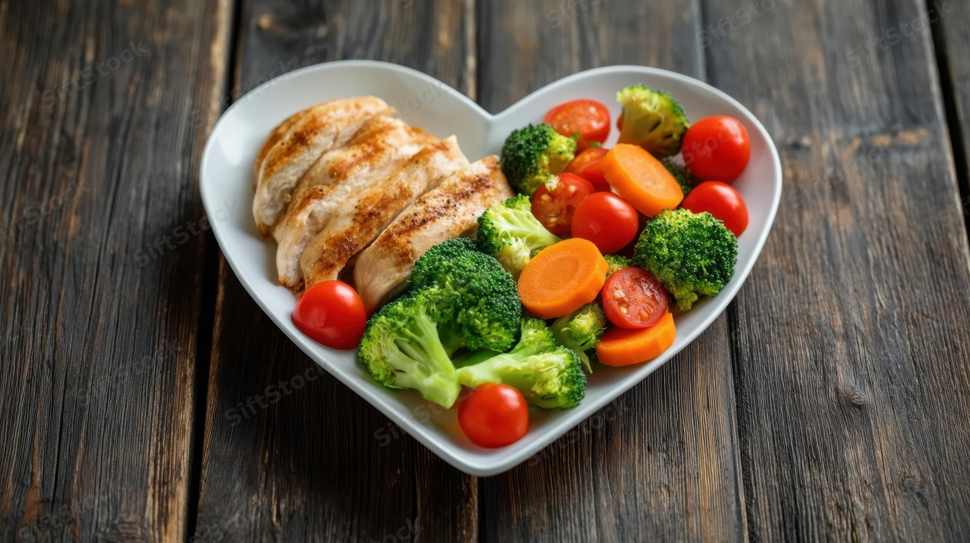 Grilled chicken and mixed vegetables served in a heart-shaped plate on a dark wooden table