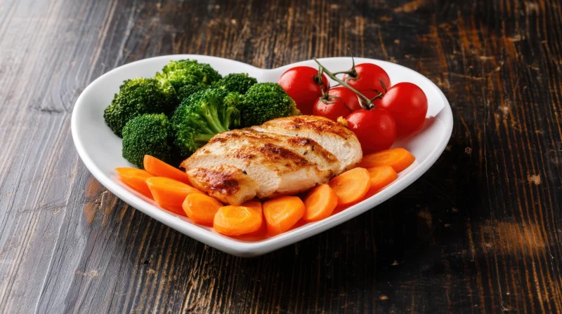 Grilled chicken breast with broccoli, carrots and tomatoes on a heart-shaped plate on dark wooden table