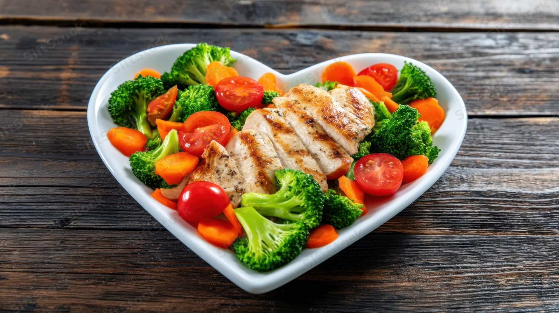 Grilled chicken and vegetable salad in a heart-shaped plate on a dark wooden table