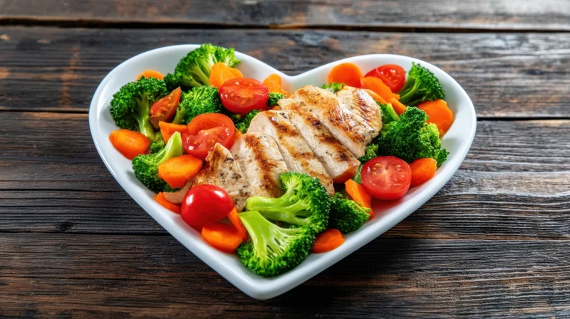 Grilled chicken and vegetable salad in a heart-shaped plate on a dark wooden table