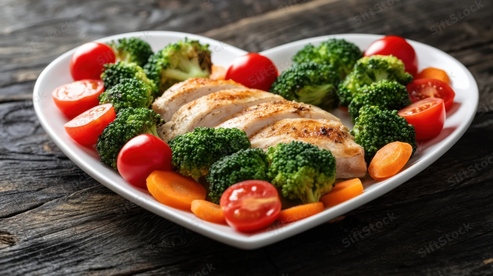 Heart-shaped plate with grilled chicken and vegetables on dark wooden table