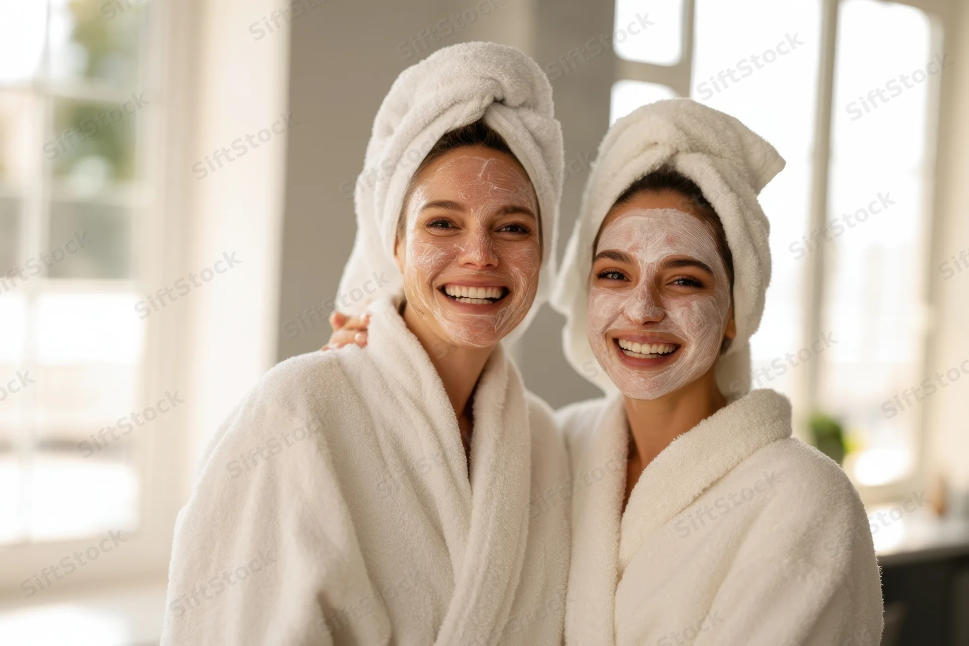 Two women smiling with facial masks and towels on heads in bathrobes at home
