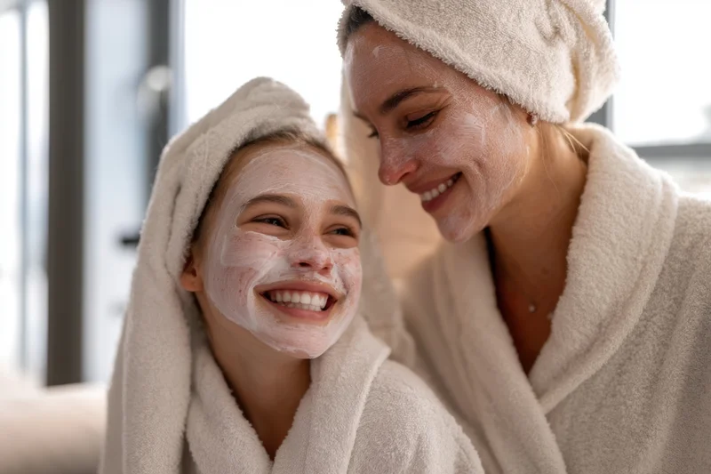 Mother and daughter smiling with face masks in bathrobe and towel in bathroom