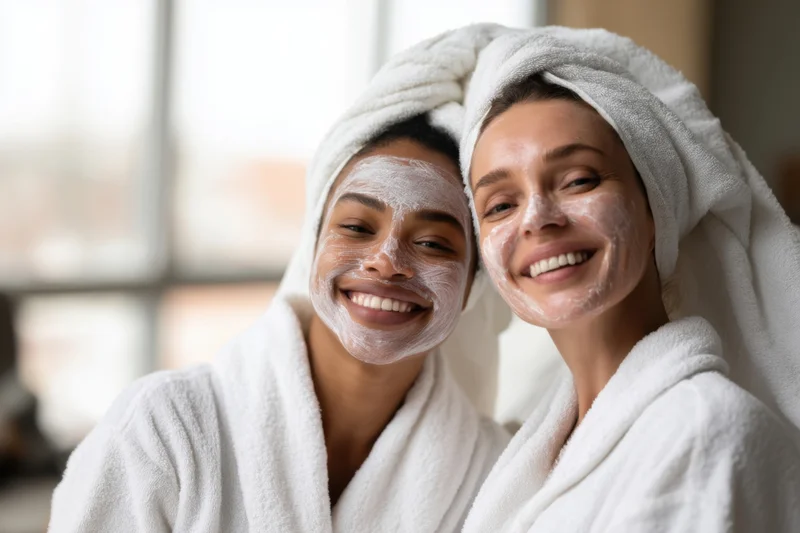 Two women smiling with facial mask on faces, wrapped in towels and robes, indoors