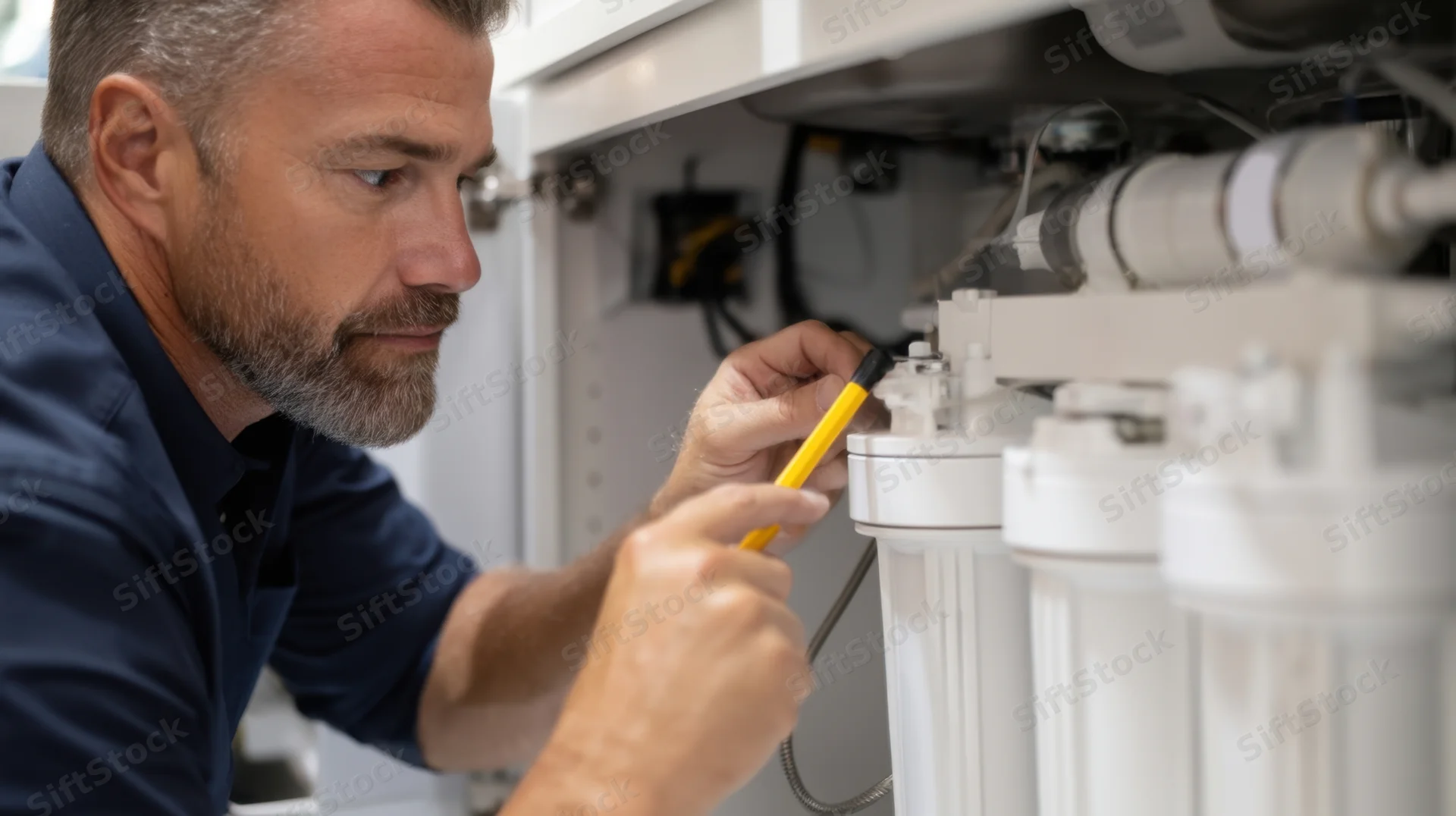 Man repairing water filter system under kitchen cabinet