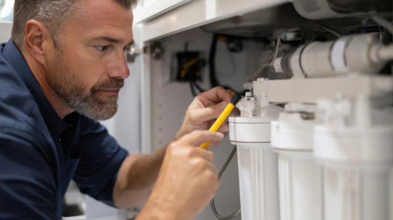Man repairing water filter system under kitchen cabinet