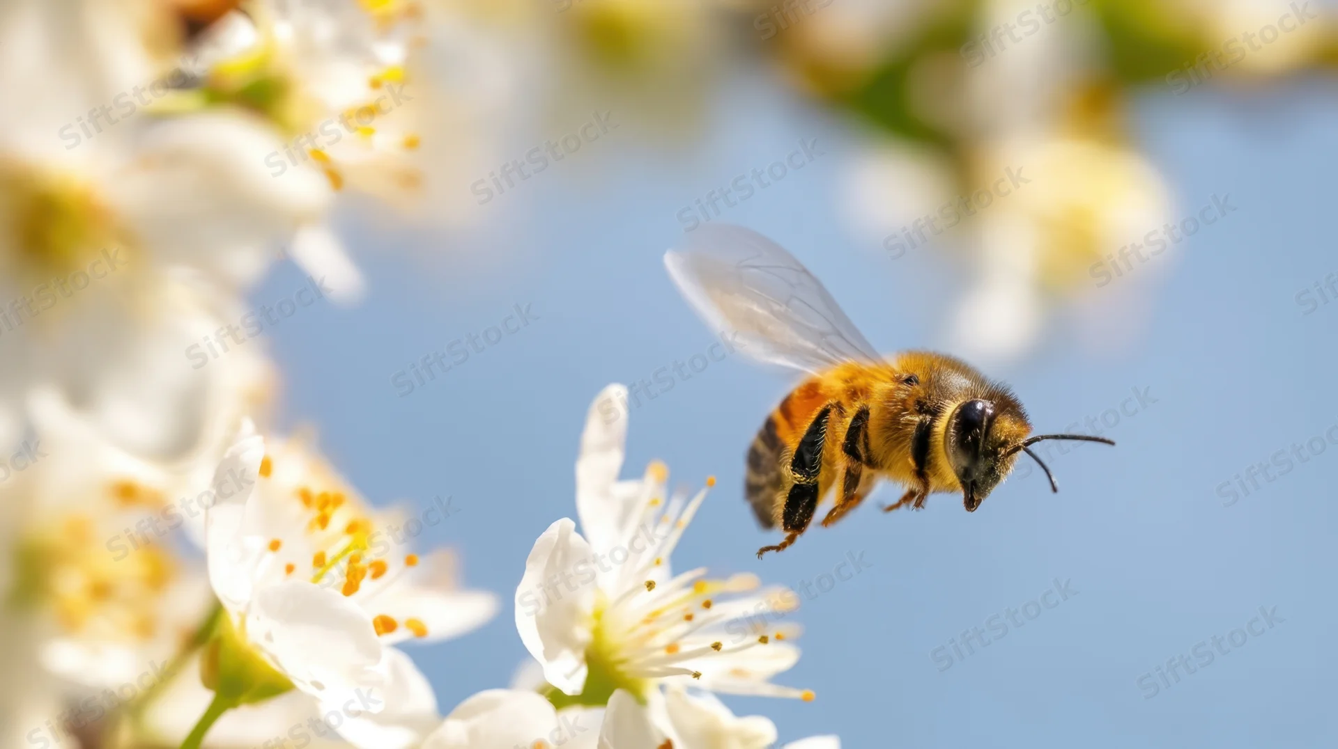 Honeybee flying near white blossoms in spring garden