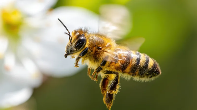Honeybee in flight near white blossoms in a garden