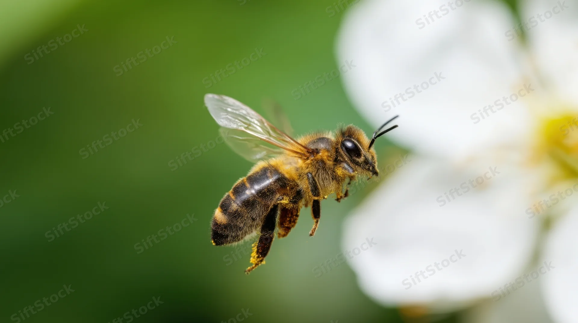 Honeybee in flight approaching a white flower in a garden