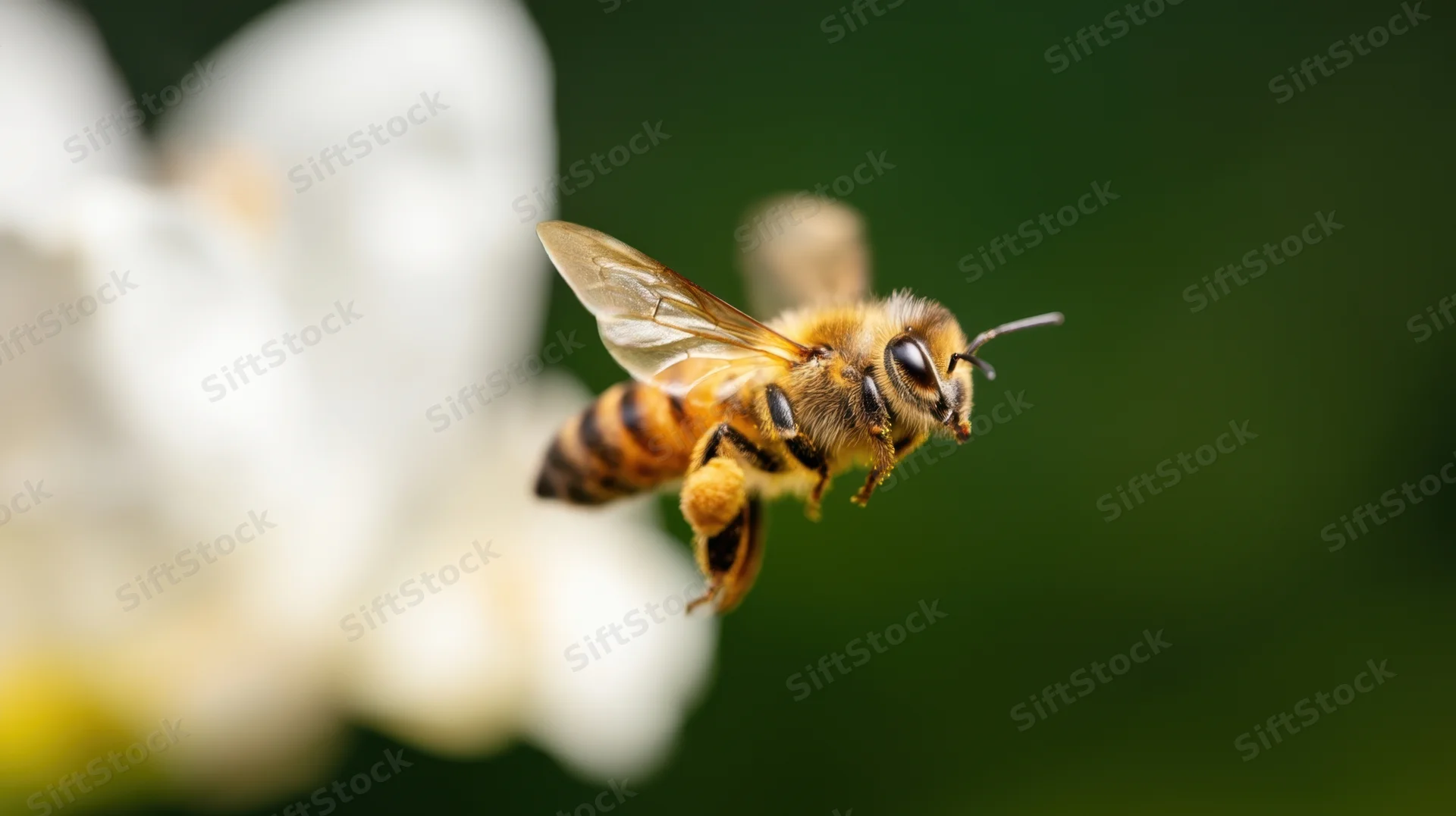 Honeybee in flight near a white flower against a green background