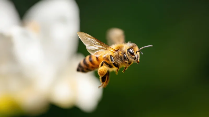 Honeybee in flight near a white flower against a green background