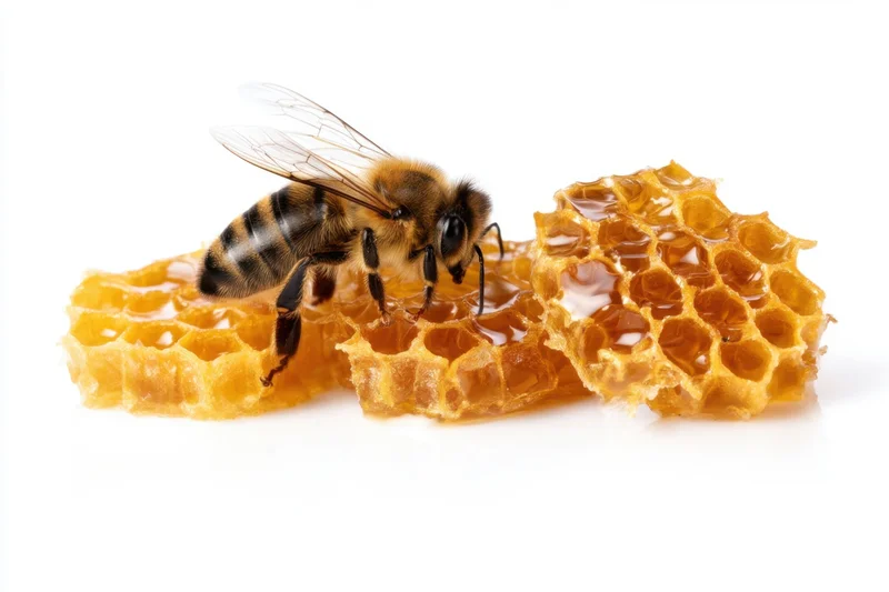 Honeybee perched on honeycomb filled with honey against white background