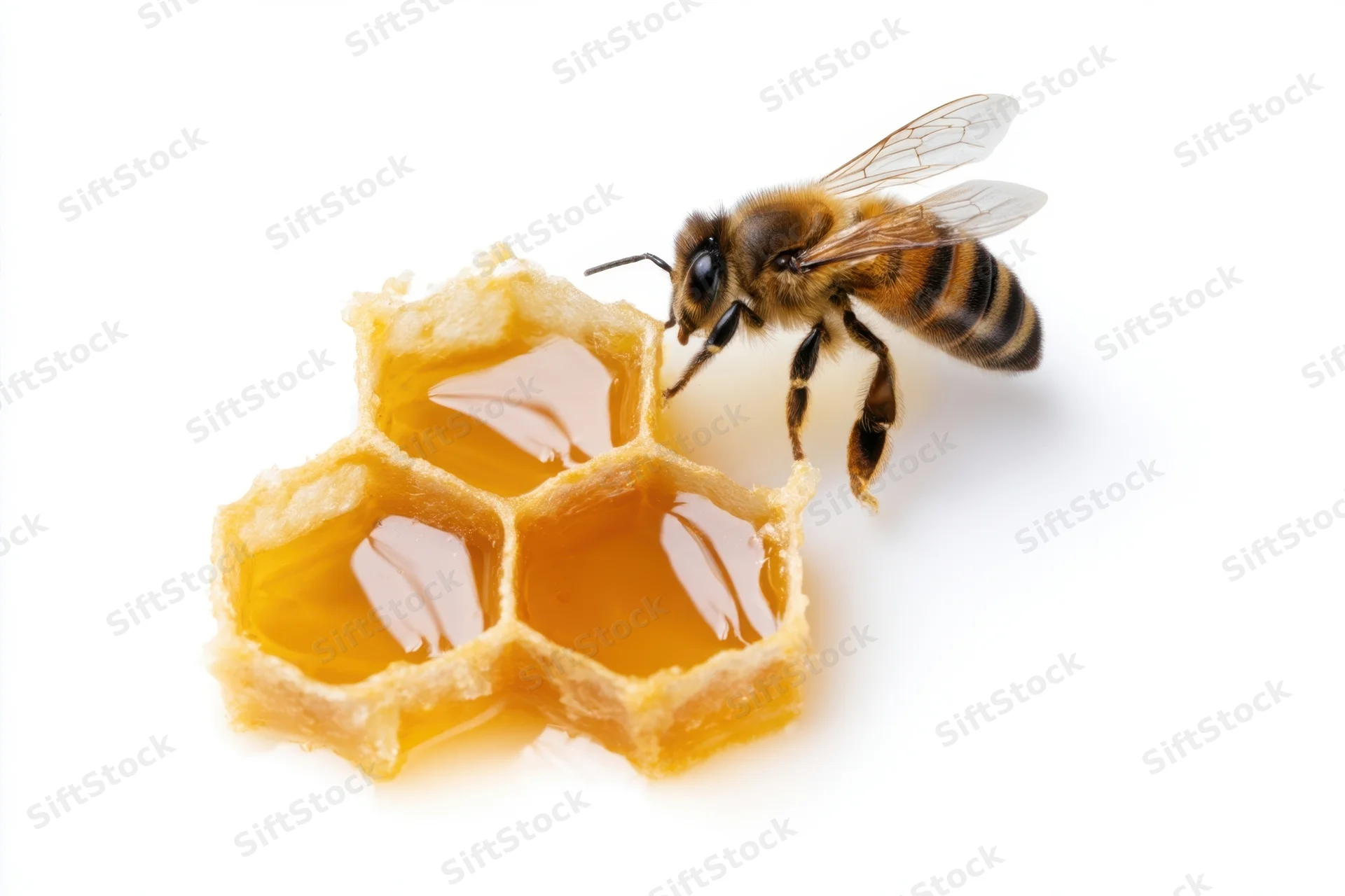 Honeybee feeding on honey in a honeycomb structure isolated on white background