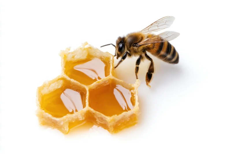 Honeybee feeding on honey in a honeycomb structure isolated on white background