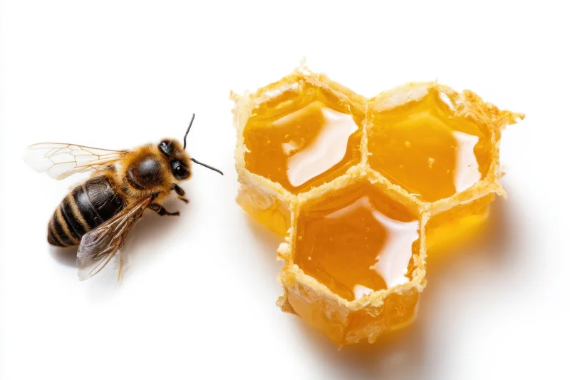 Honeybee resting beside a piece of honeycomb filled with honey on a white background