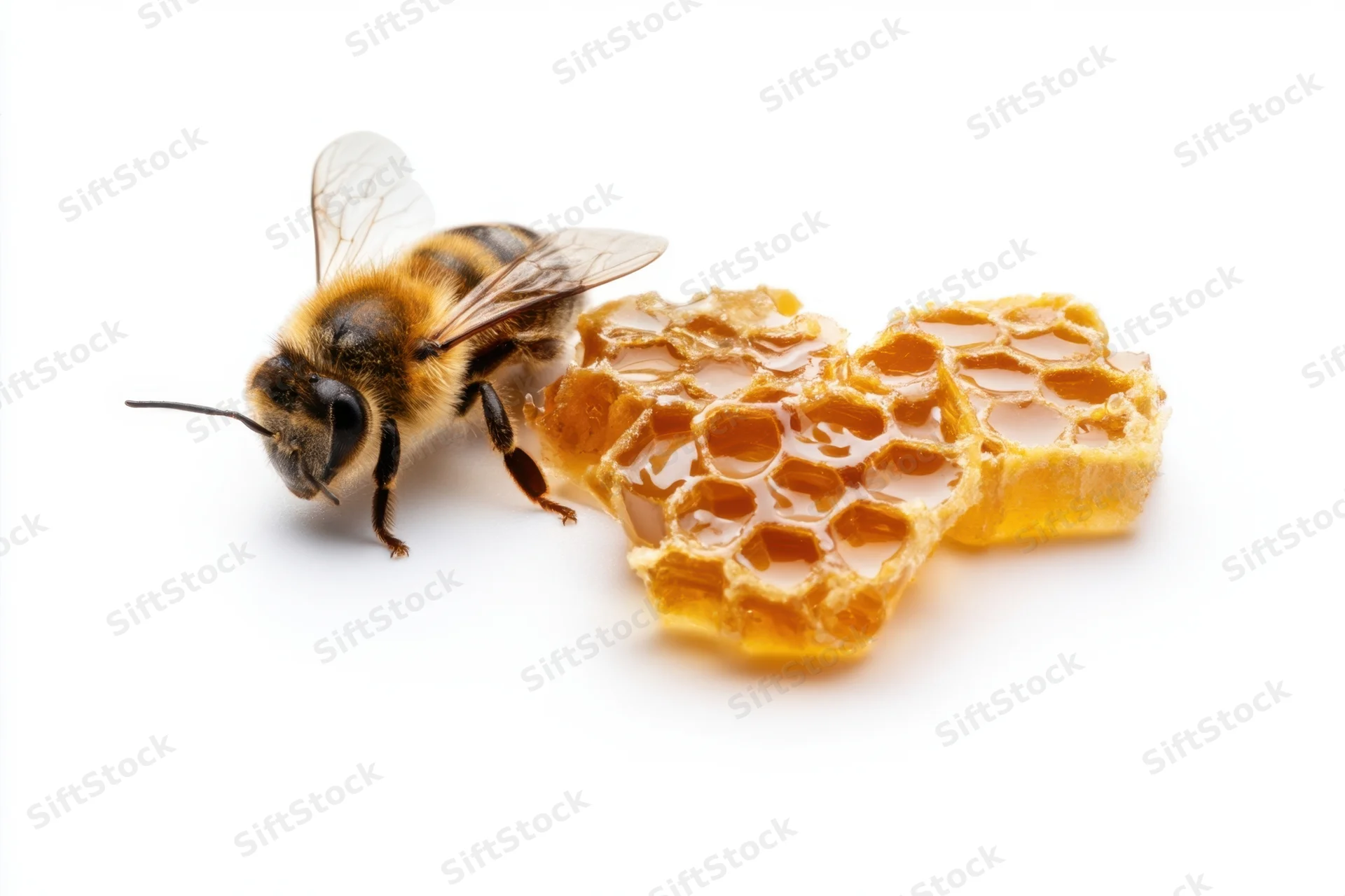Honeybee resting beside honeycomb pieces on white background
