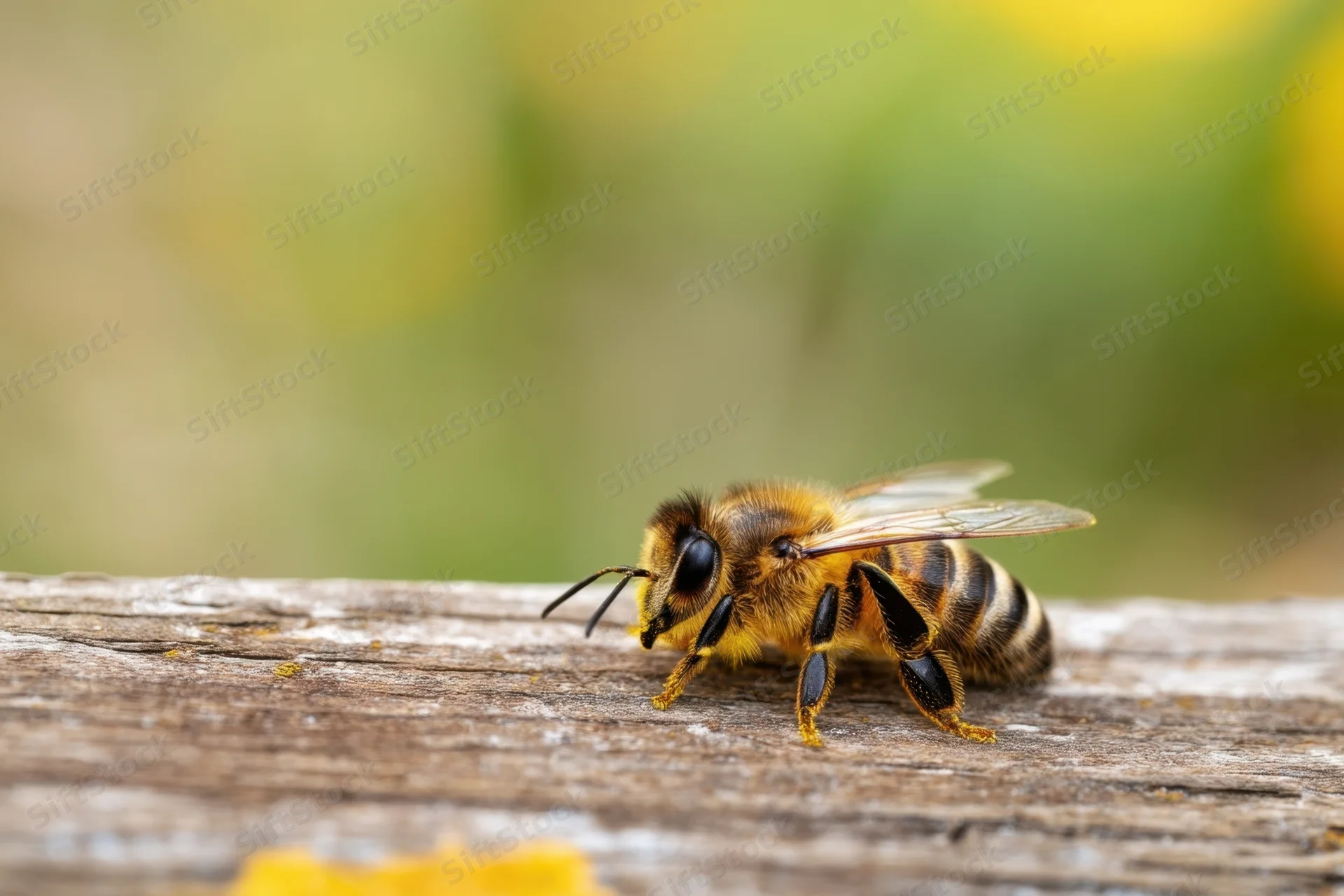 Honeybee resting on weathered wood in a garden setting