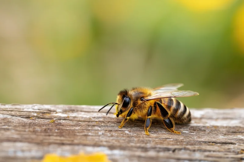 Honeybee resting on weathered wood in a garden setting