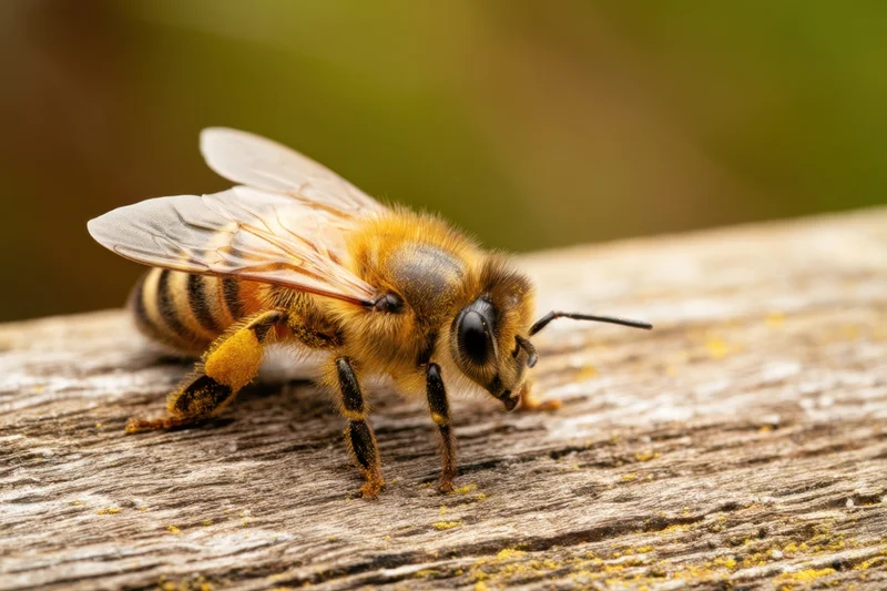 Honeybee resting on weathered wooden surface with pollen on its legs