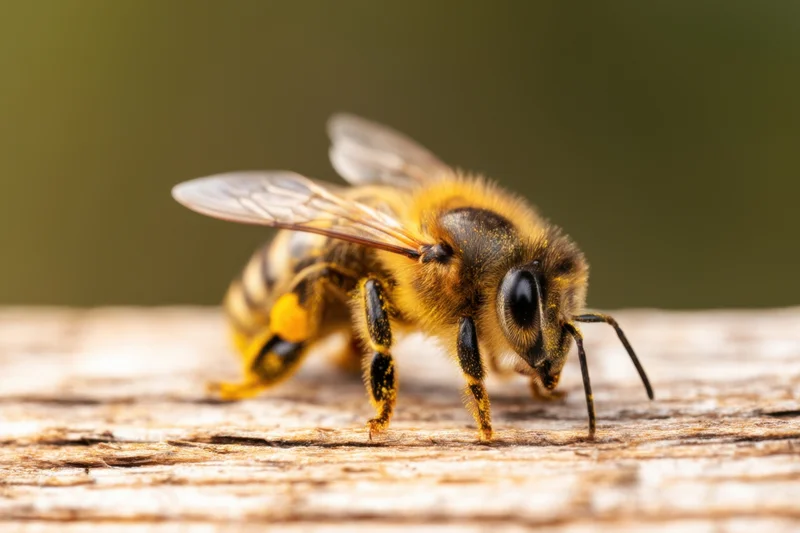 Honeybee resting on a wooden surface in natural daylight