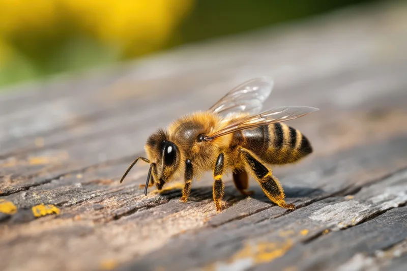 Honeybee resting on weathered wood surface in garden setting